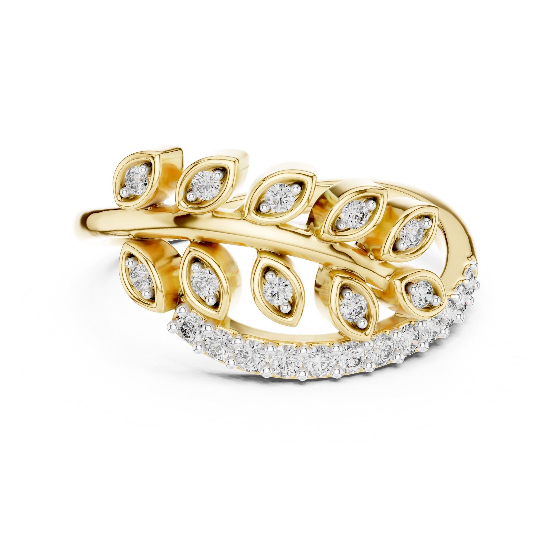 Riora moissanite leaf wrap ring featuring a nature-inspired botanical open band in gold and silver with sparkling leaf-shaped accents.