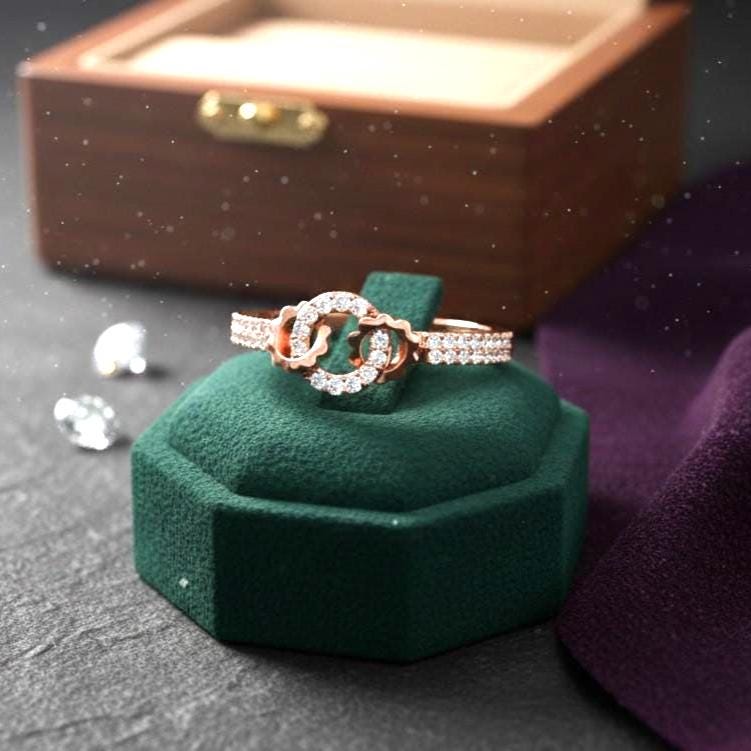 Riora Infinity Halo Moissanite diamond ring featuring interlocking promise band, minimalist design, ideal for engagement or wedding jewelry