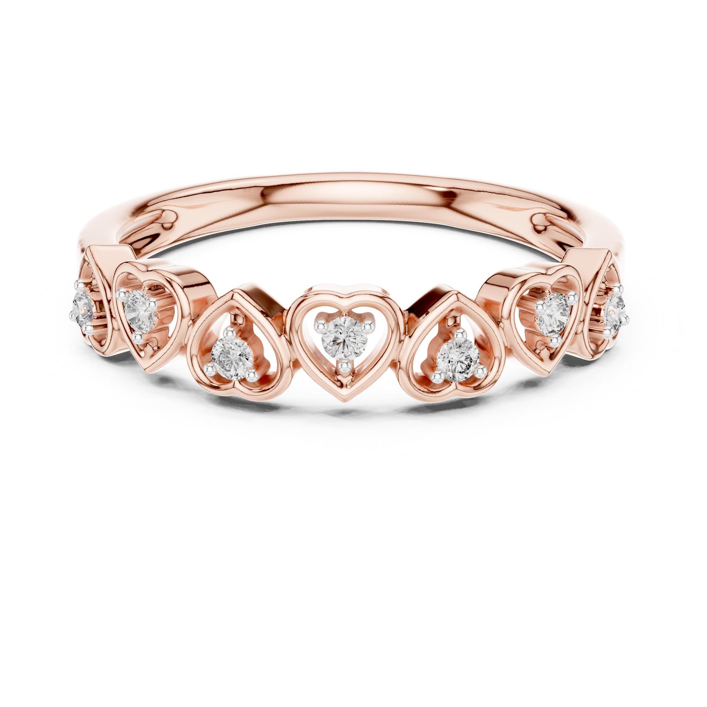 Riora moissanite heart crown ring with romantic diamond design in rose gold and silver, minimalist wedding band for women.