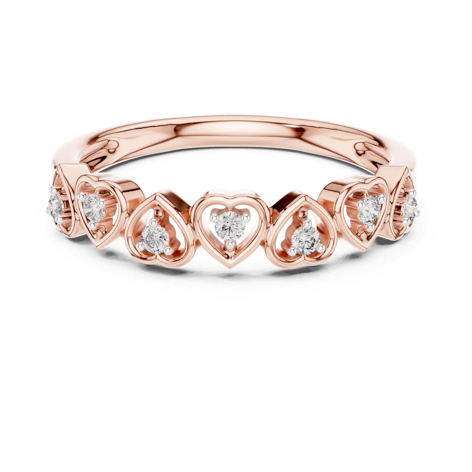 Riora moissanite heart crown ring with romantic diamond design in rose gold and silver, minimalist wedding band for women.
