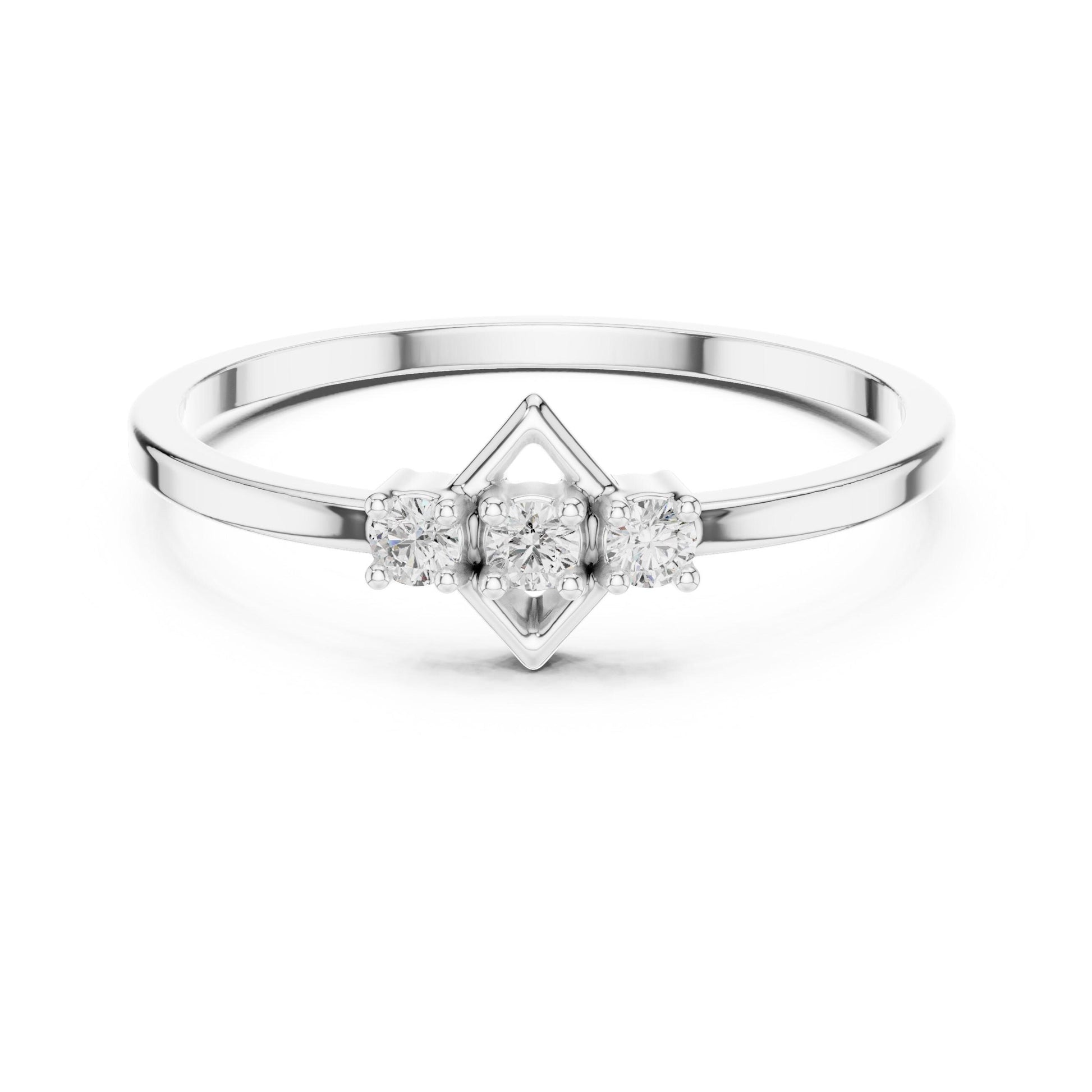 Rose gold three stone moissanite diamond ring featuring minimalist design, perfect for engagement or anniversary jewelry by Riora.