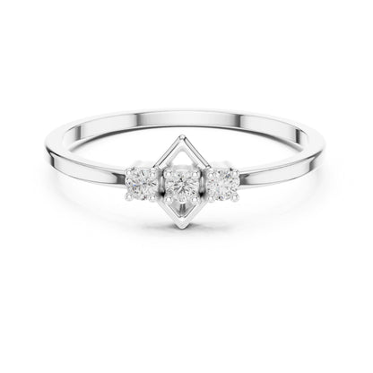 Rose gold three stone moissanite diamond ring featuring minimalist design, perfect for engagement or anniversary jewelry by Riora.