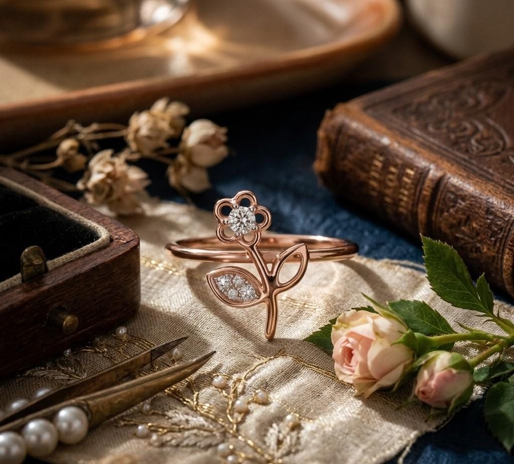 Riora moissanite flower ring with floral design, rose gold band, minimalist botanical style, perfect for engagement or promise gestures.
