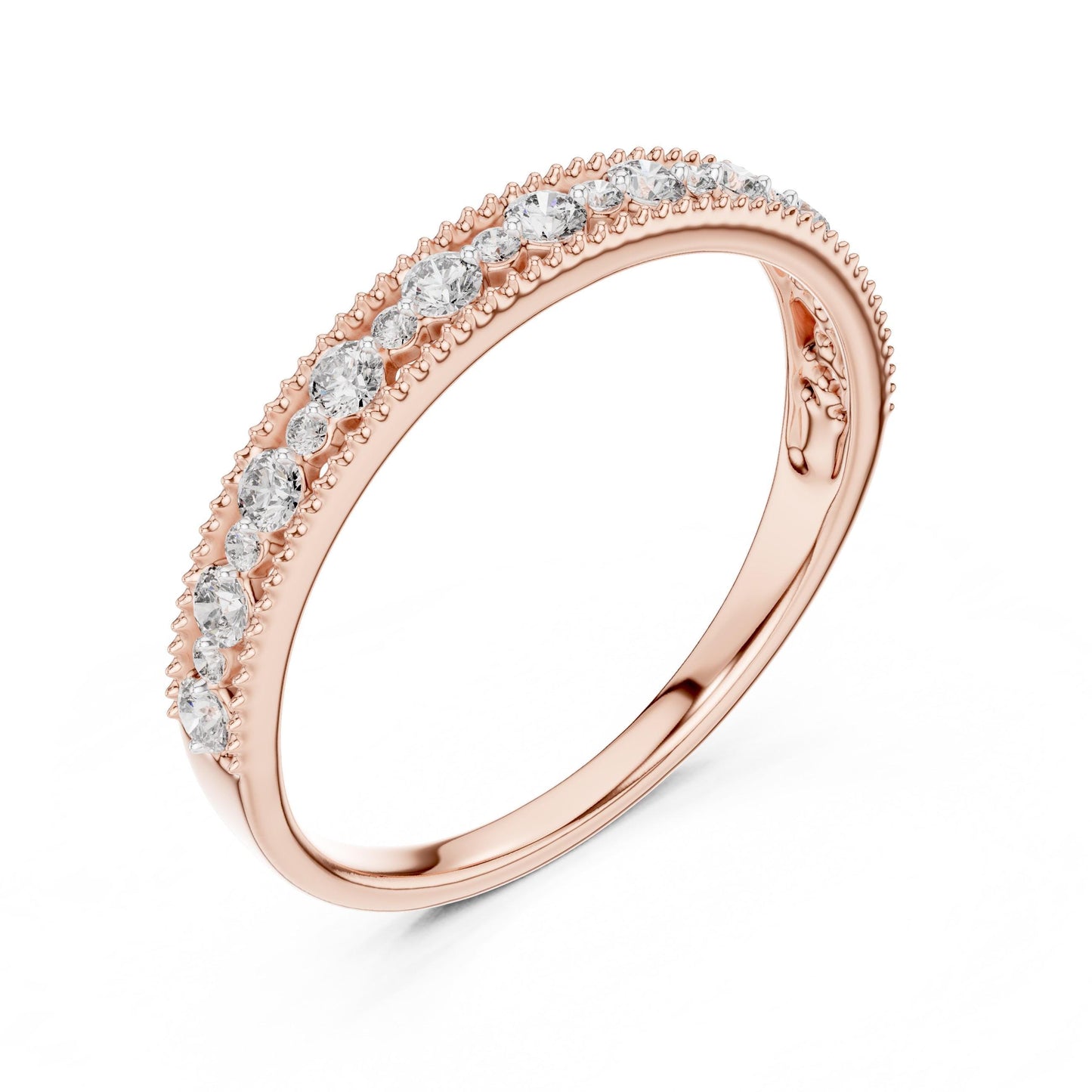 Riora moissanite eternity wedding band in rose gold, gold, and silver, stackable bridal ring with sparkling stones.
