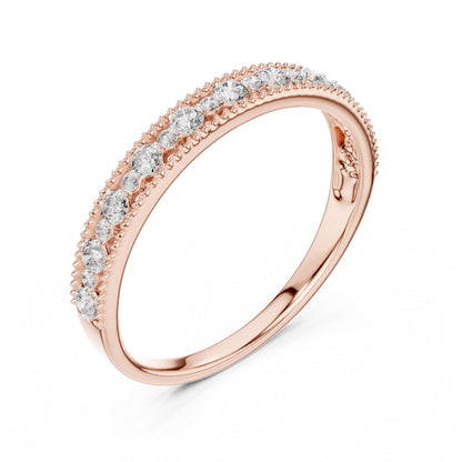 Riora moissanite eternity wedding band in rose gold, gold, and silver, stackable bridal ring with sparkling stones.
